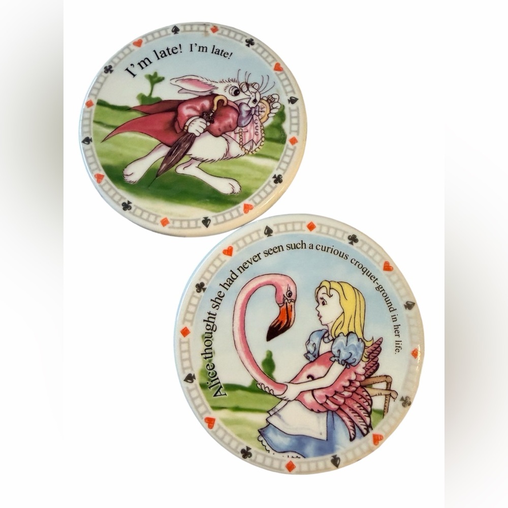 Vintage DISNEY Alice In Wonderland Ceramic Coasters X 2 Set Graphics Rare!